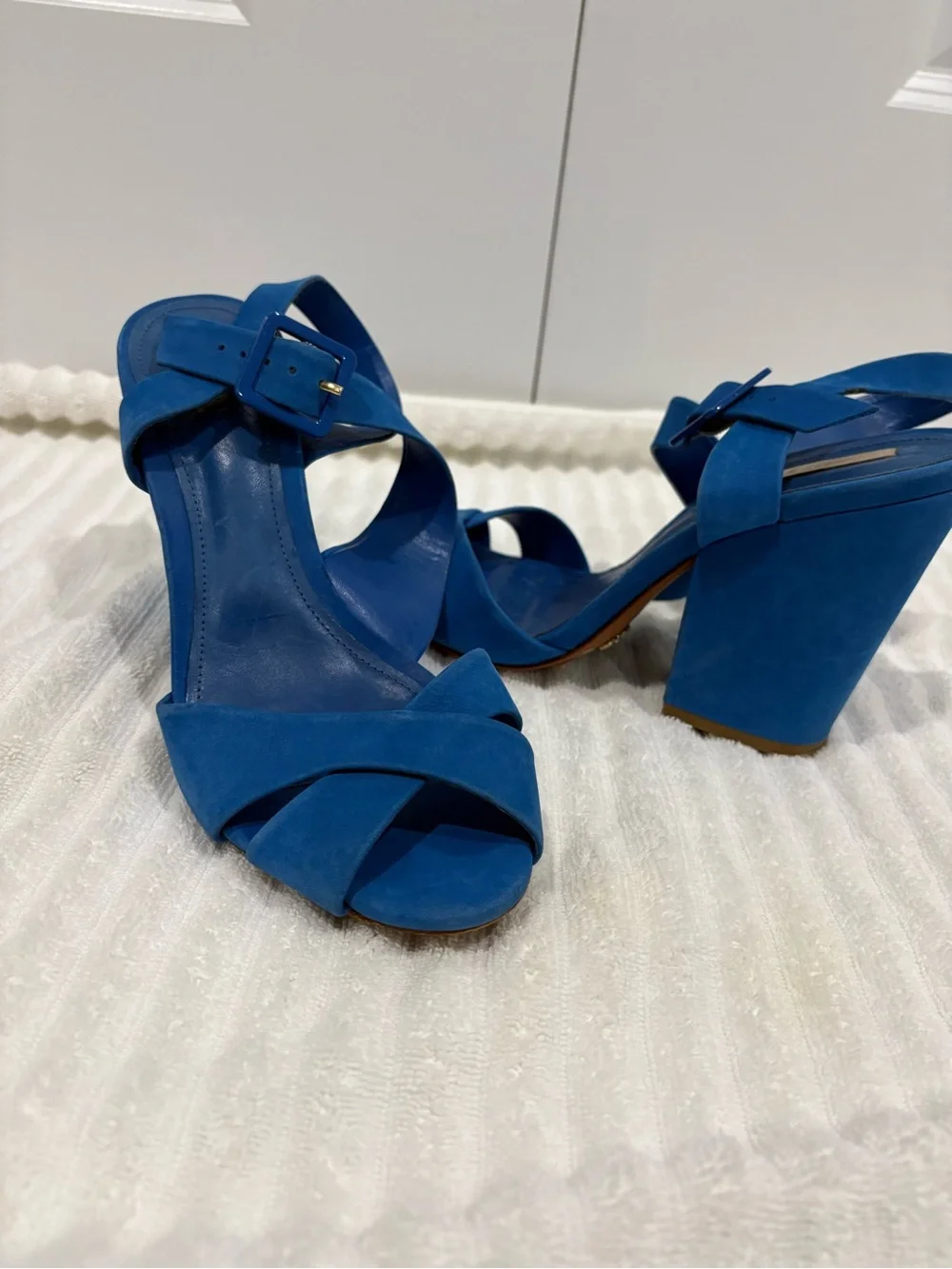 SCHUTZ Blue Suede Block Heel Platform Sandals